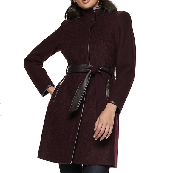 Nine West Faux-Leather Binding Wool-Blend Coat in Wine Color Size Women's Small - Picture 1 of 14